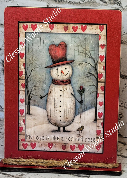 Primitive Valentine Snowman 4 Wood Framed Art with Attached Stand