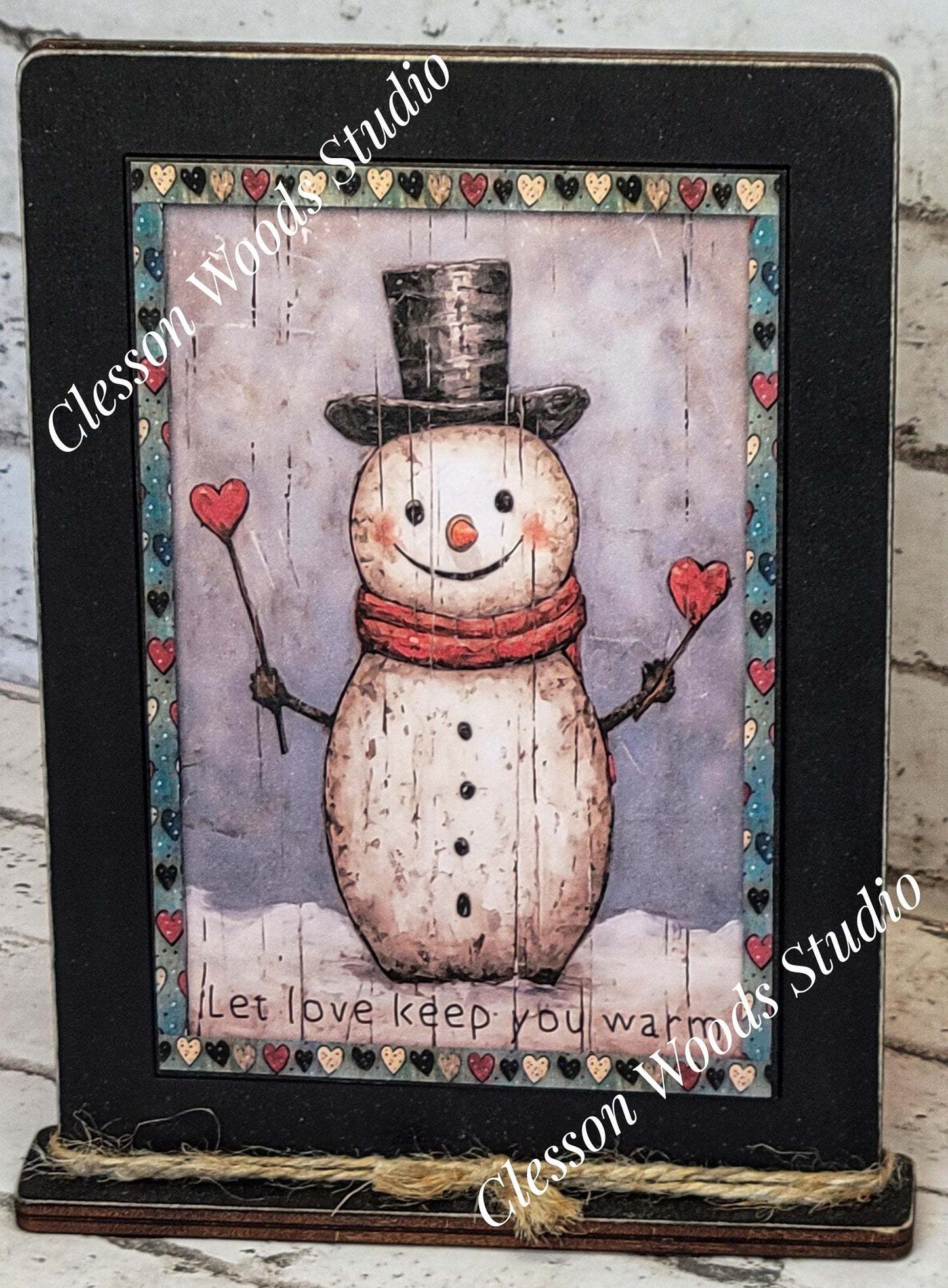Primitive Valentine Snowman 5 Wood Framed Art with Attached Stand