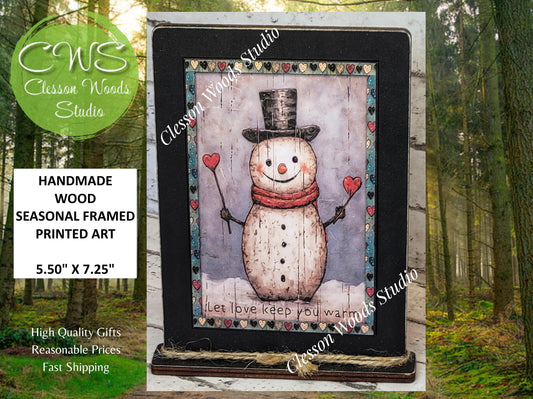 Primitive Valentine Snowman 5 Wood Framed Art with Attached Stand