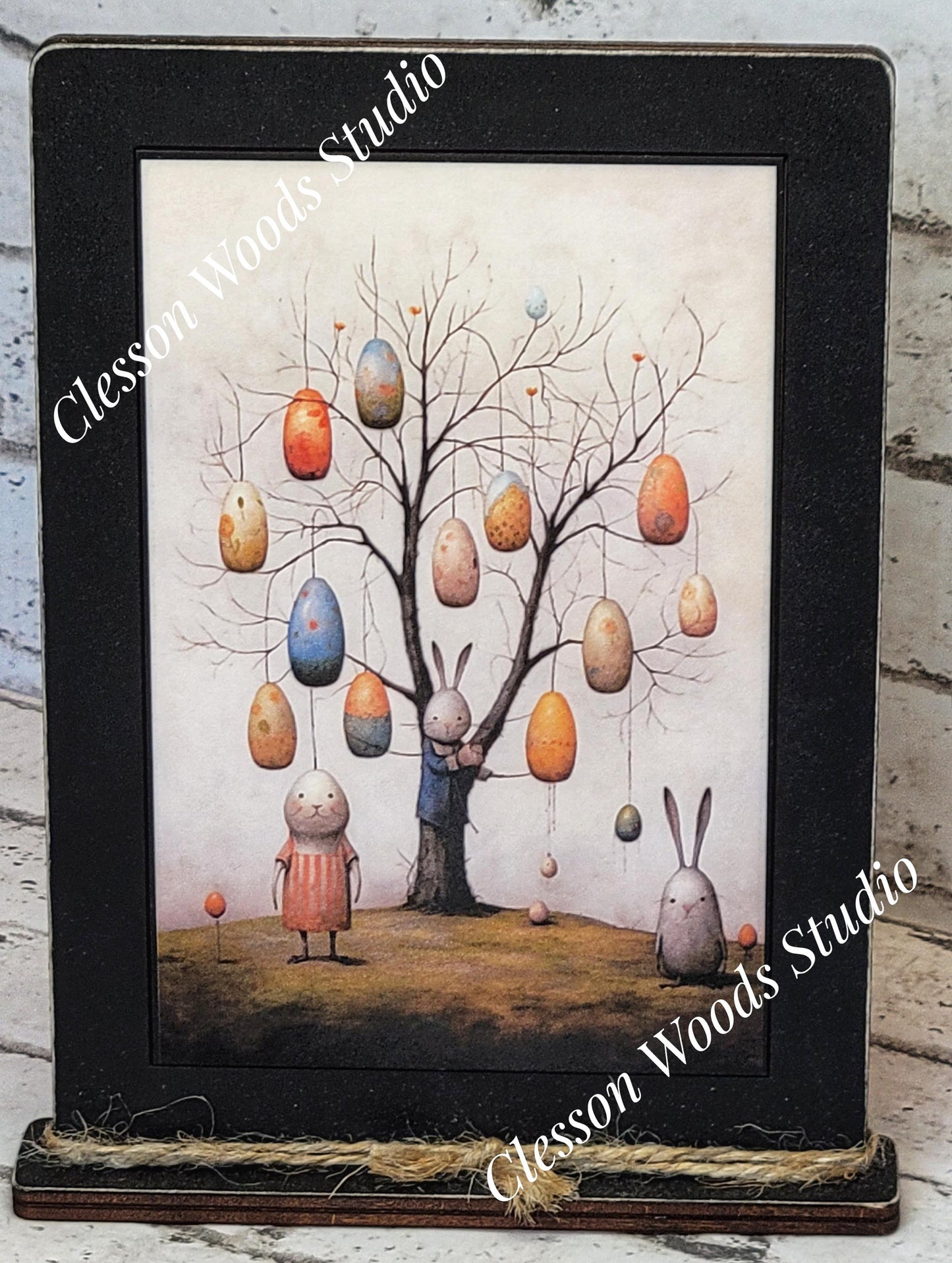 Primitive Easter Tree Framed Art with Attached Stand