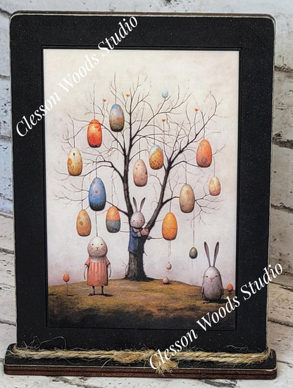 Primitive Easter Tree Framed Art with Attached Stand