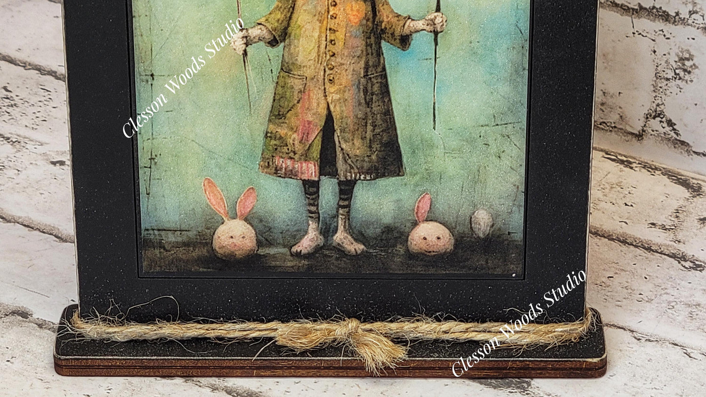 Primitive Easter Rabbit 2 Framed Art with Attached Stand
