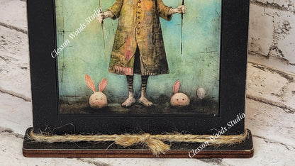 Primitive Easter Rabbit 2 Framed Art with Attached Stand