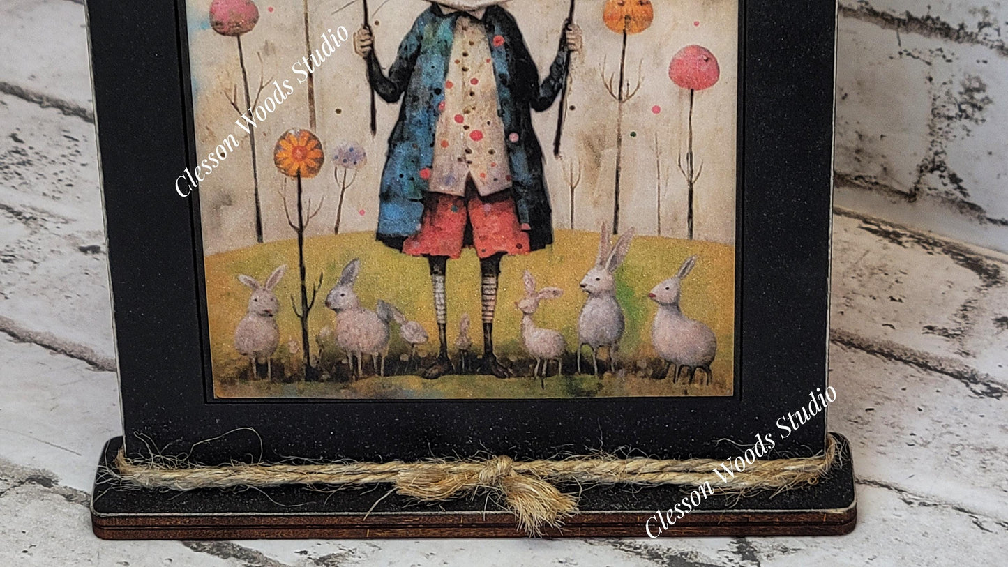 Primitive Easter Rabbit 1 Framed Art with Attached Stand