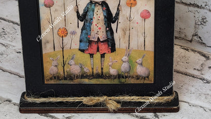 Primitive Easter Rabbit 1 Framed Art with Attached Stand