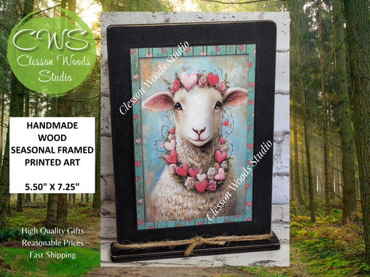 Primitive Valentine Sheep 2 Wood Framed Art with Attached Stand