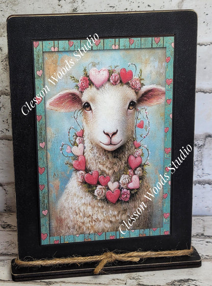 Primitive Valentine Sheep 2 Wood Framed Art with Attached Stand