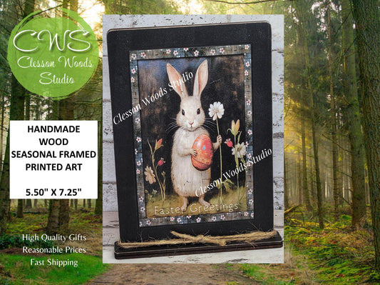 Primitive Bunny Easter Greetings Framed Art with Attached Stand