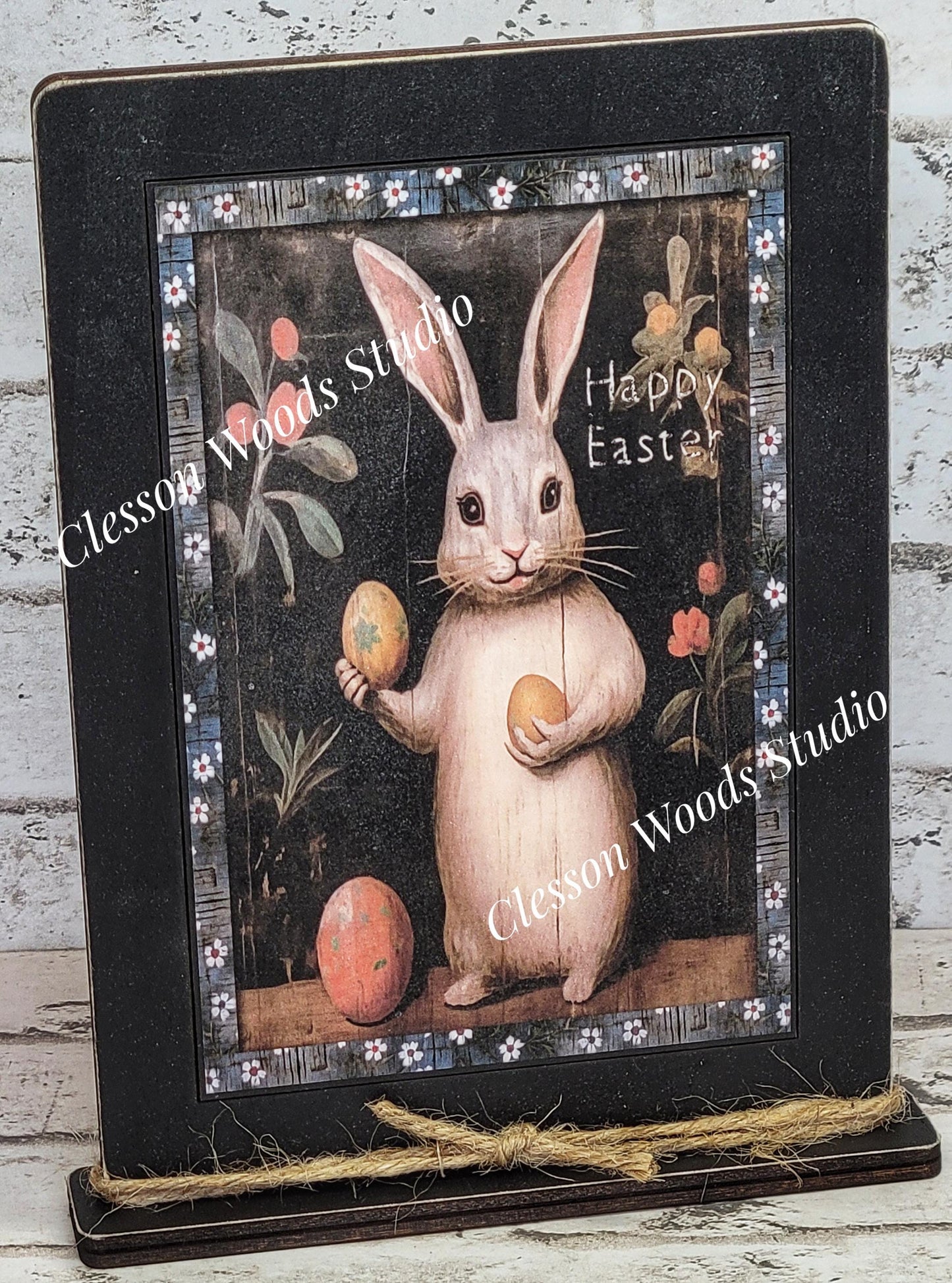 Primitive Bunny Happy Easter Framed Art with Attached Stand