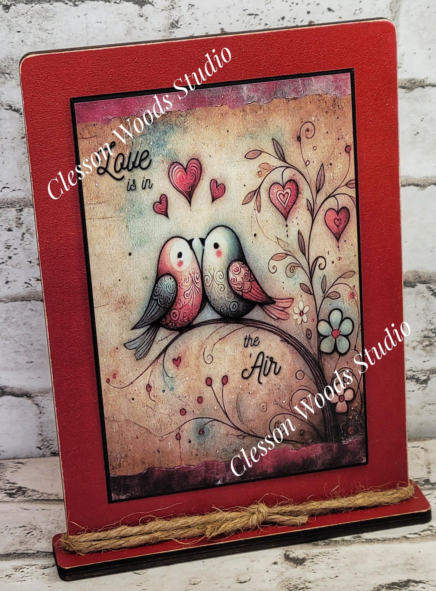 Valentine Love Birds Love Is In The Air Wood Framed Art with Attached Stand