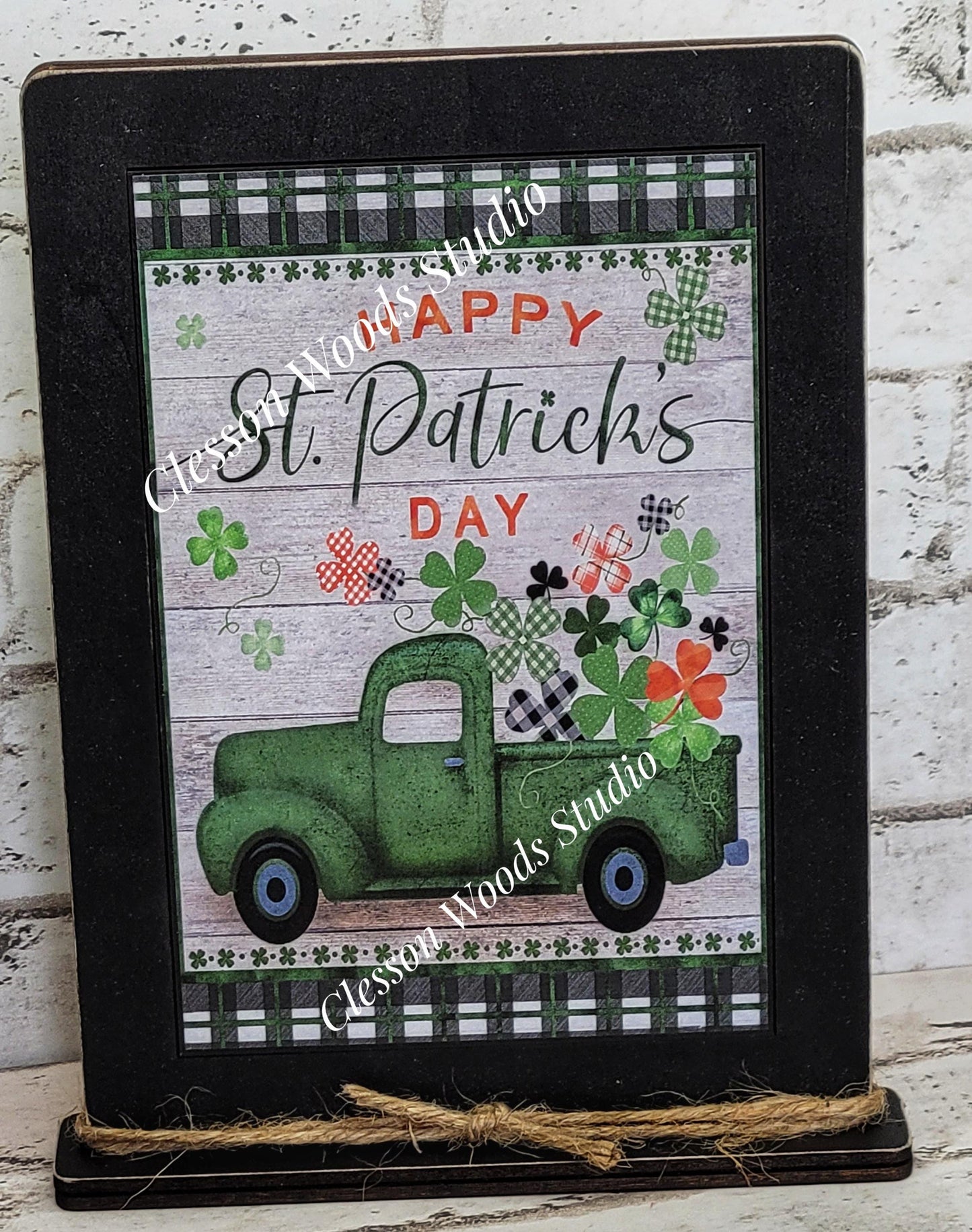 St Patrick's Day Green Vintage Truck Framed Art with Attached Stand