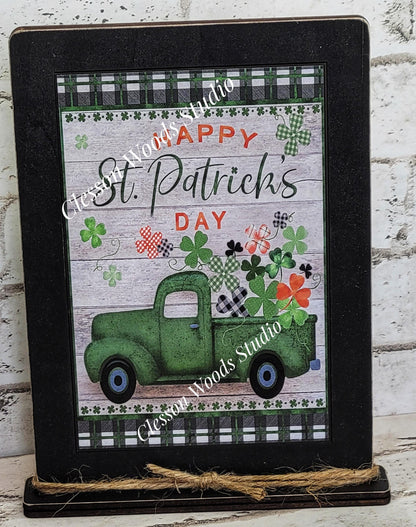 St Patrick's Day Green Vintage Truck Framed Art with Attached Stand