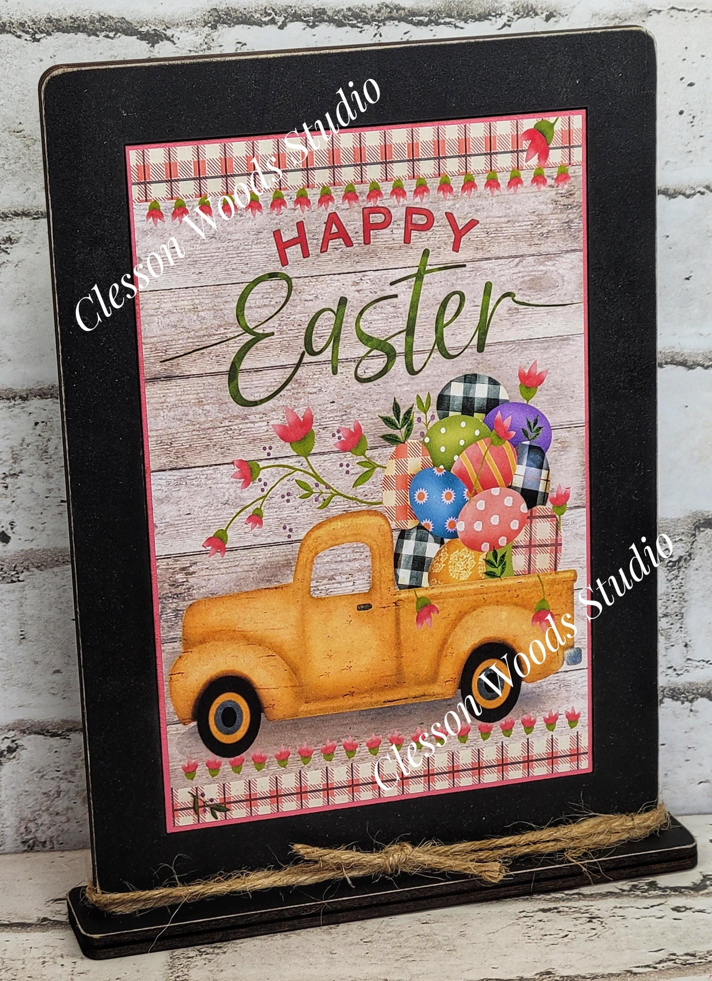 Happy Easter Yellow Truck Wood Framed Art with Attached Stand