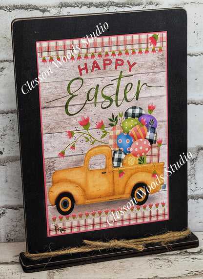 Happy Easter Yellow Truck Wood Framed Art with Attached Stand