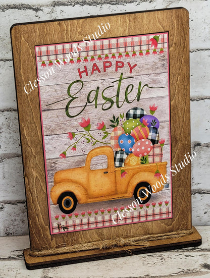 Happy Easter Yellow Truck Wood Framed Art with Attached Stand