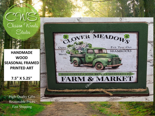 St Patrick's Day Clover Meadows Green Truck Framed Art with Attached Stand