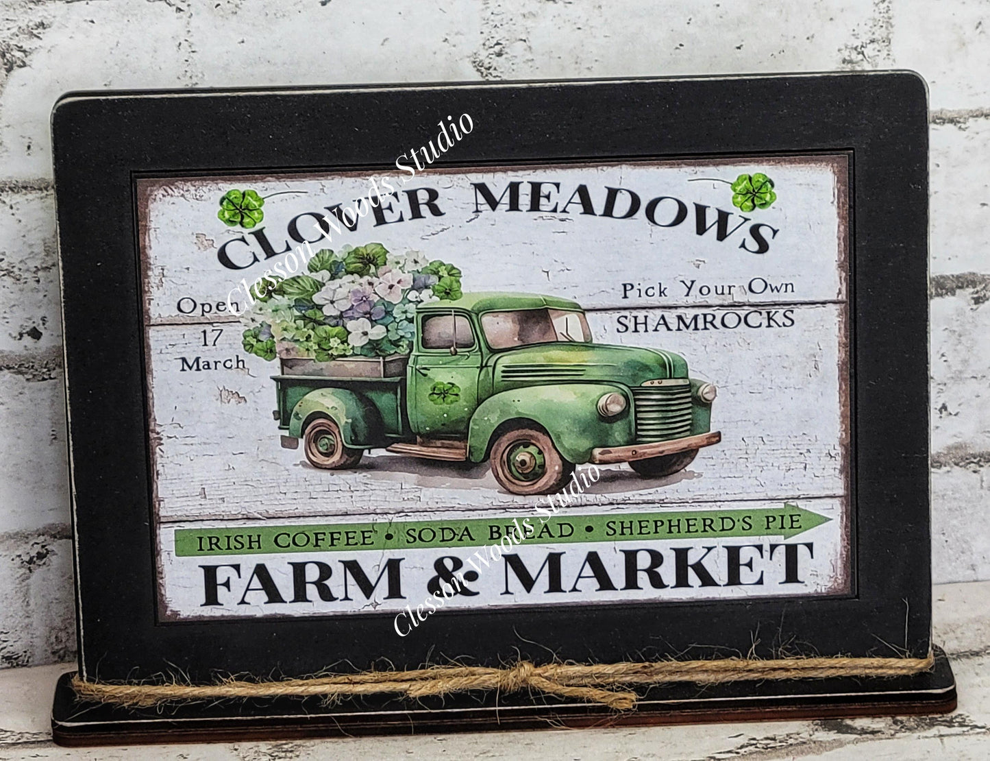 St Patrick's Day Clover Meadows Green Truck Framed Art with Attached Stand