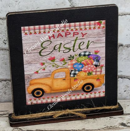Happy Easter Yellow Truck Framed Art Wood Sign