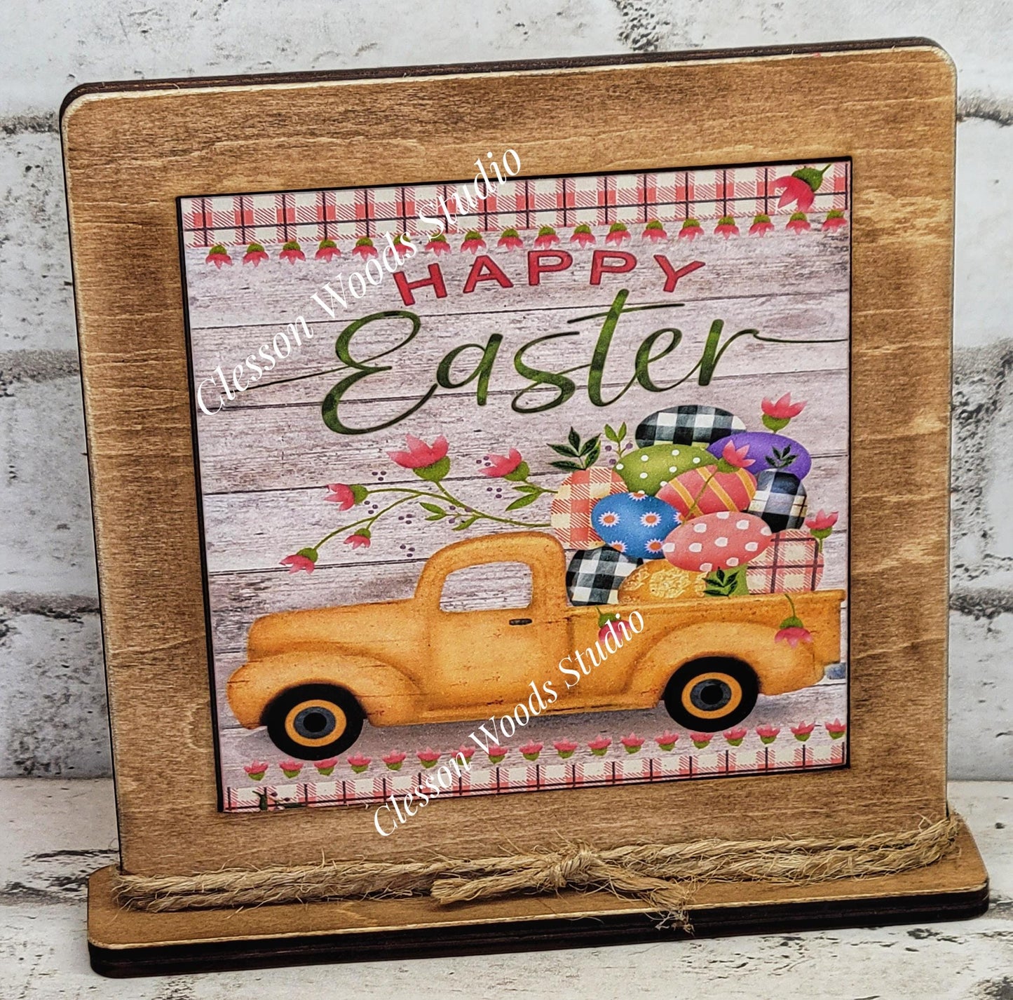 Happy Easter Yellow Truck Framed Art Wood Sign