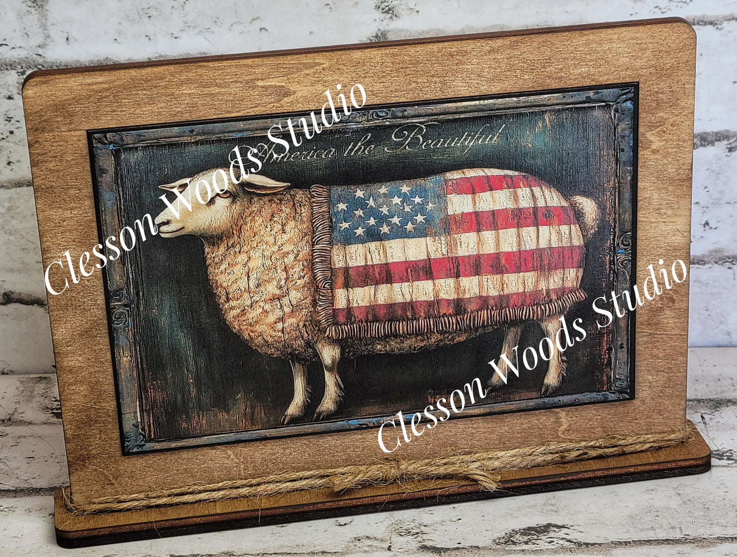 Primitive America Sheep Framed Art, Rustic Patriotic Decor