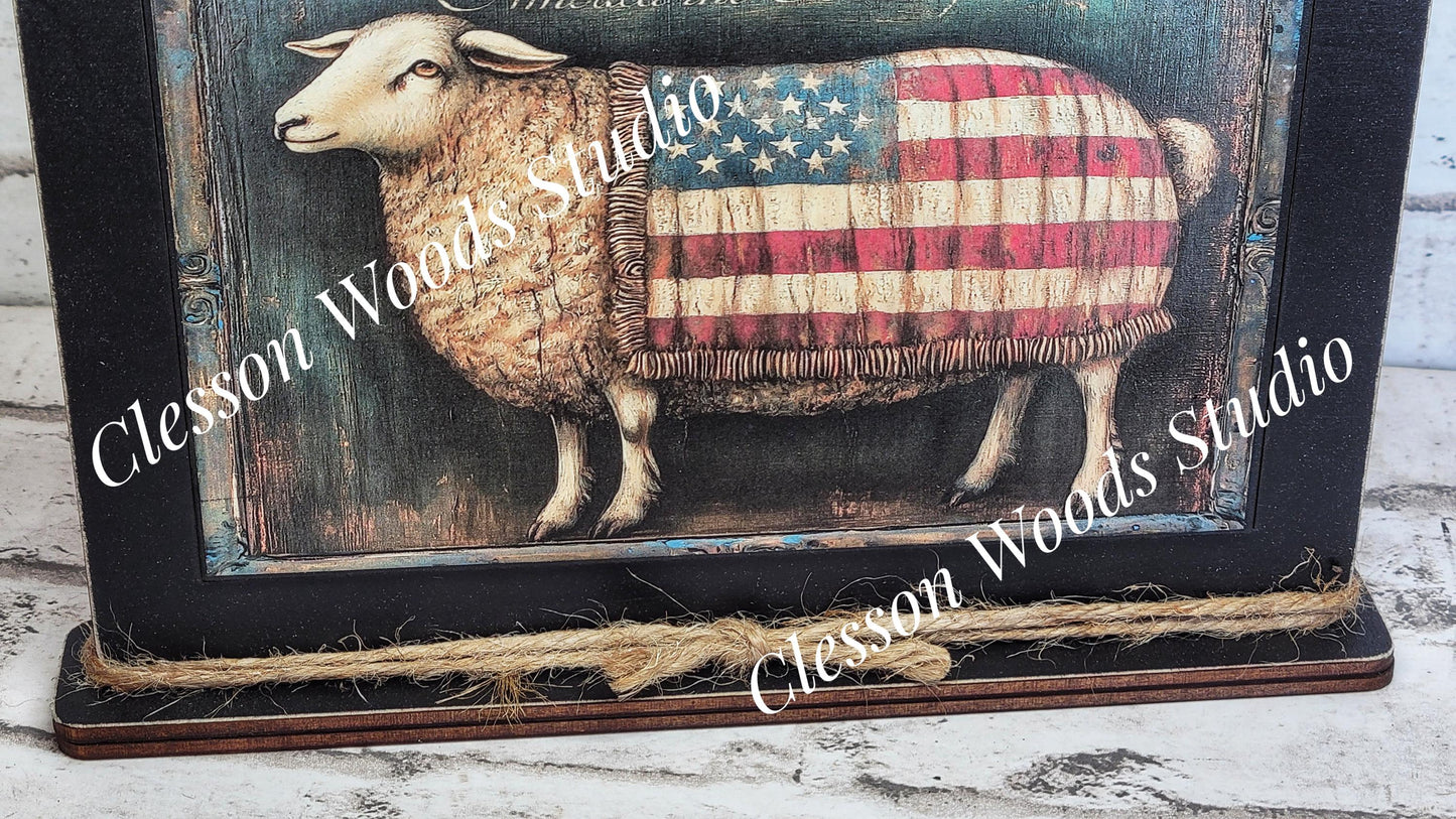Primitive America Sheep Framed Art, Rustic Patriotic Decor