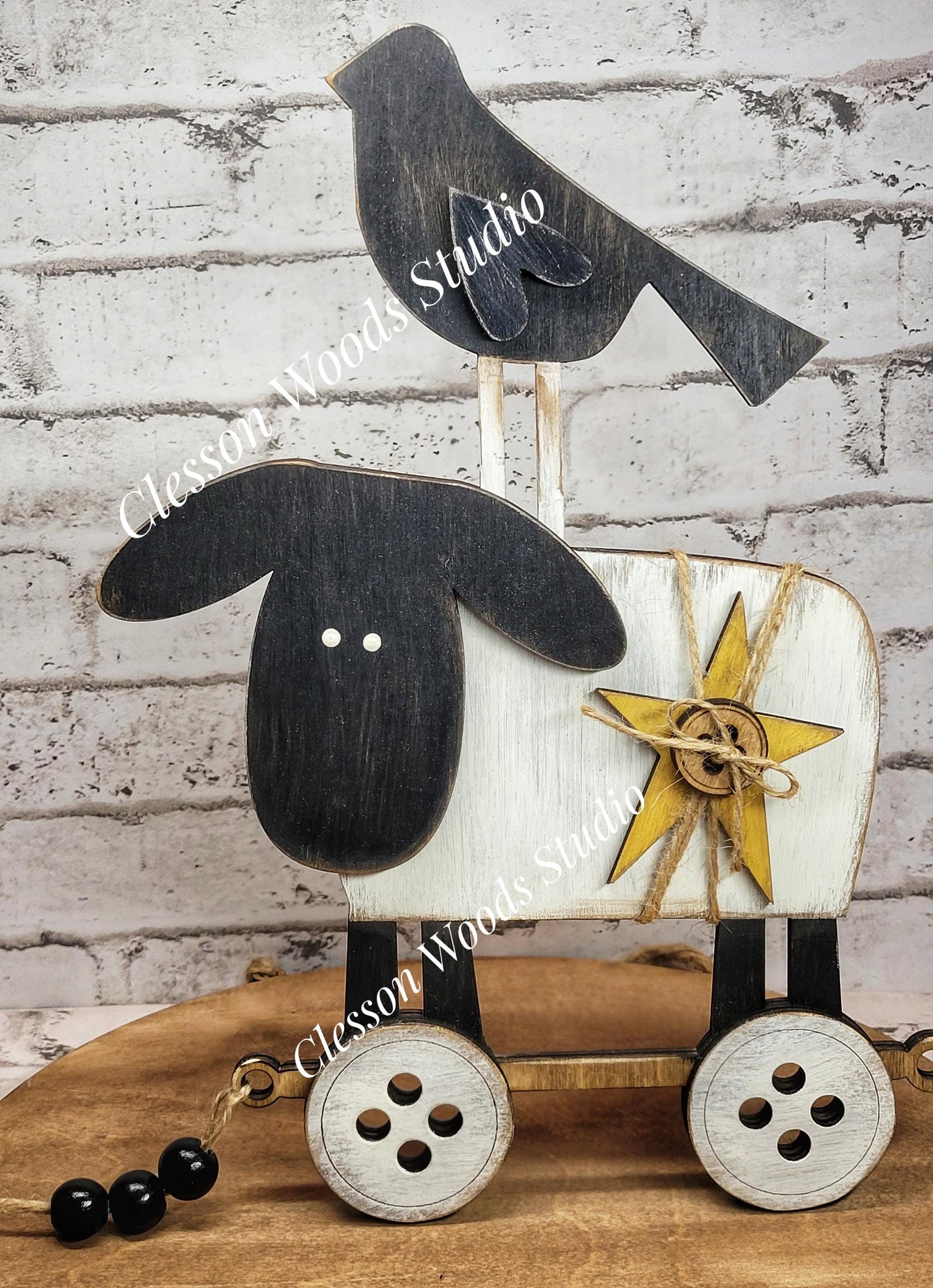 Primitive Rustic Sheep & Crow Faux Pull Toy Wood Shelf Sitter