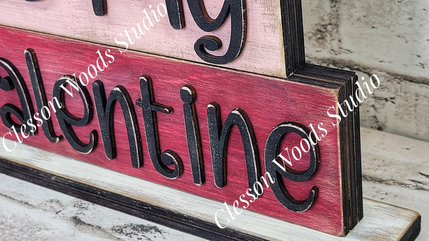 Primitive Rustic Be My Valentine Wood Word Stack Shelf Sitter