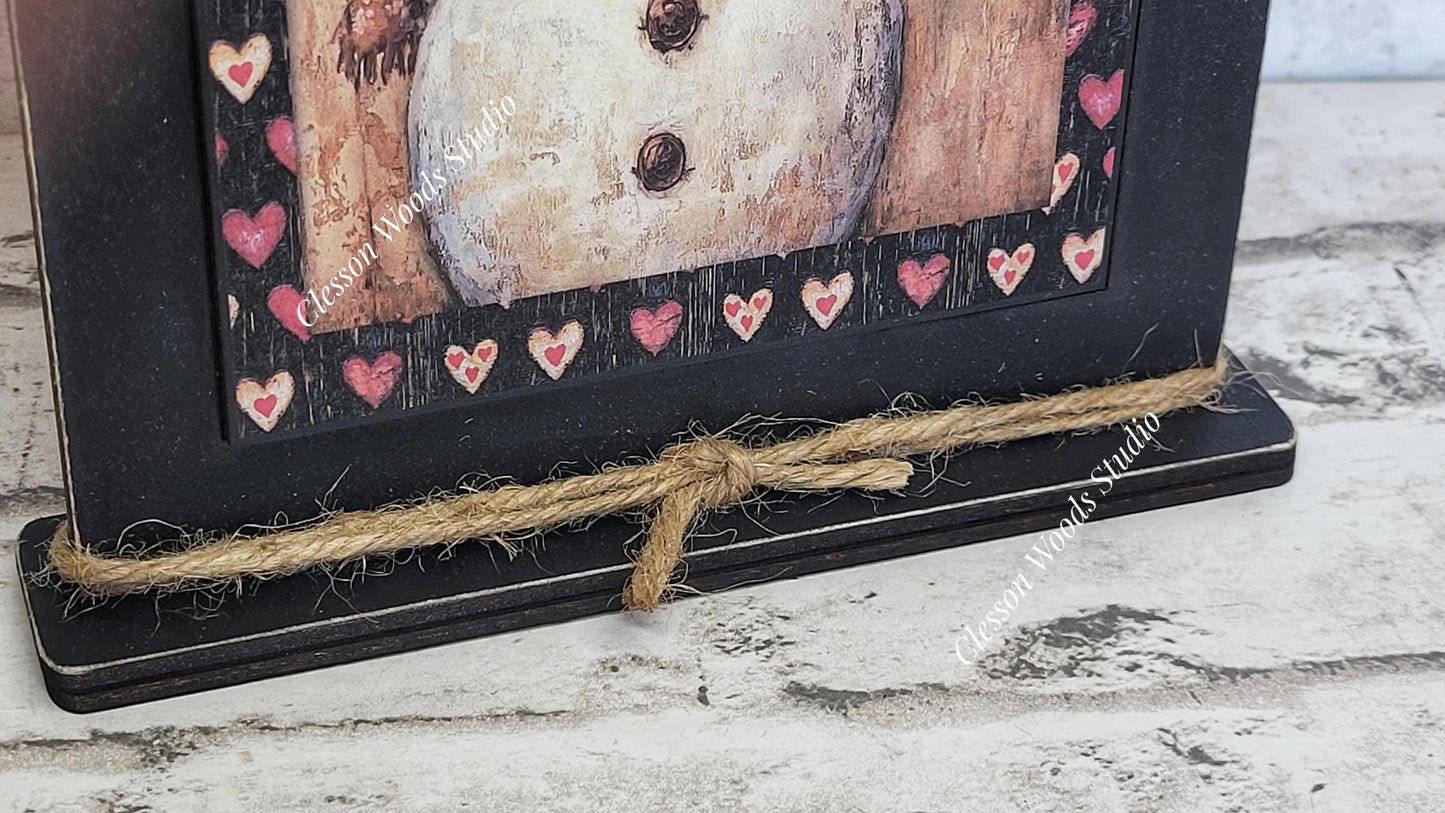 Primitive Valentine Snowman 1 Wood Framed Art with Attached Stand
