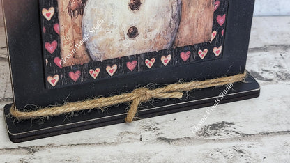 Primitive Valentine Snowman 1 Wood Framed Art with Attached Stand