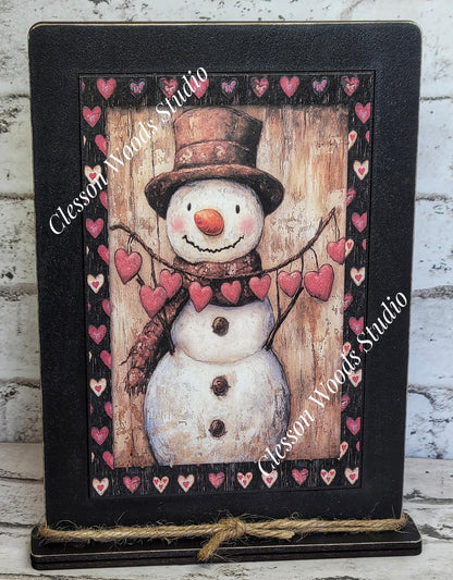 Primitive Valentine Snowman 1 Wood Framed Art with Attached Stand