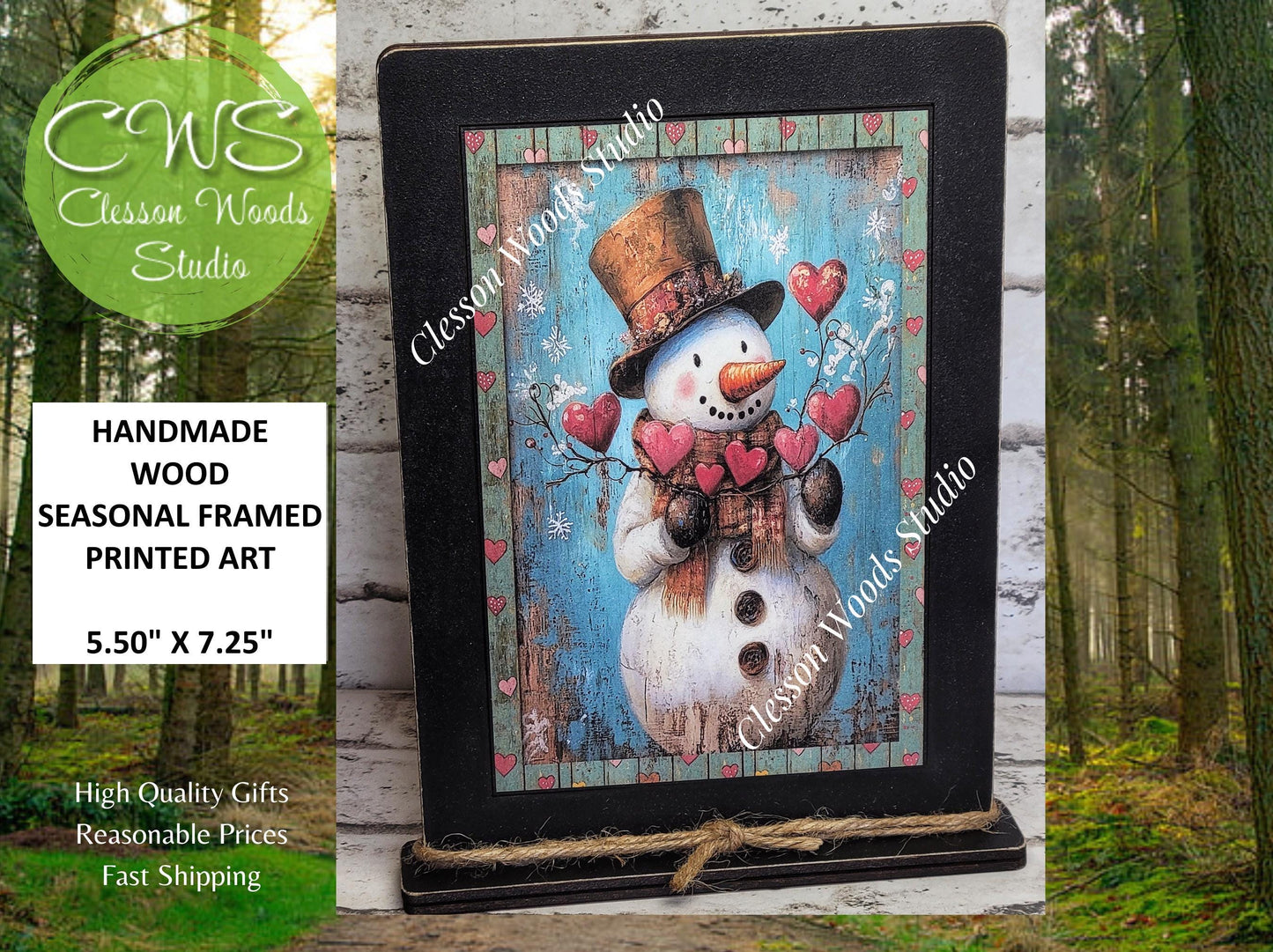 Primitive Valentine Snowman 2 Wood Framed Art with Attached Stand
