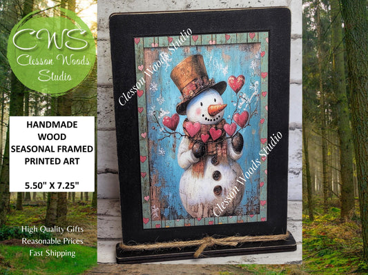Primitive Valentine Snowman 2 Wood Framed Art with Attached Stand
