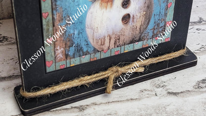 Primitive Valentine Snowman 2 Wood Framed Art with Attached Stand