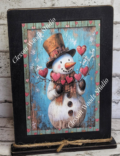Primitive Valentine Snowman 2 Wood Framed Art with Attached Stand