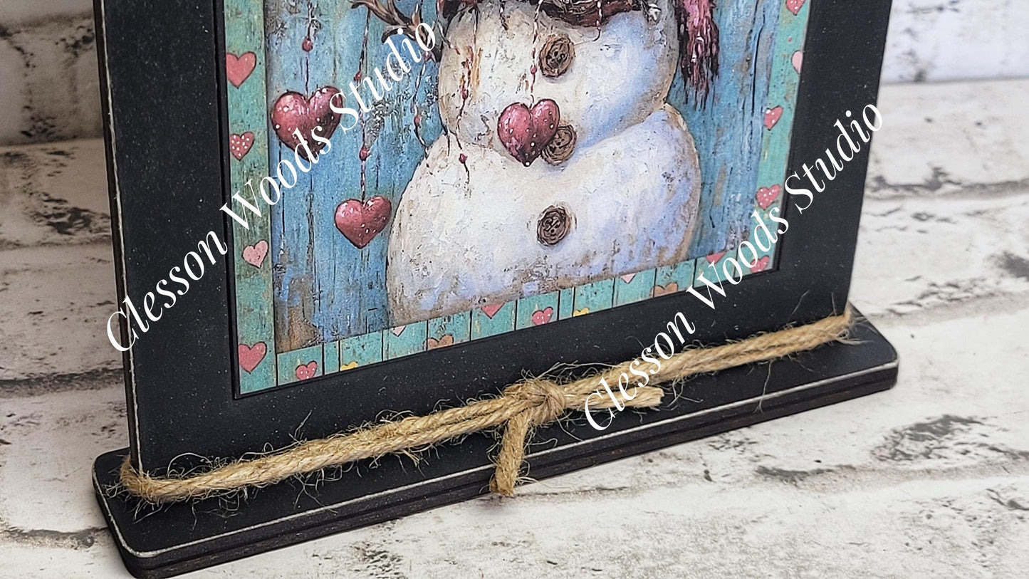 Primitive Valentine Snowman 3 Wood Framed Art with Attached Stand