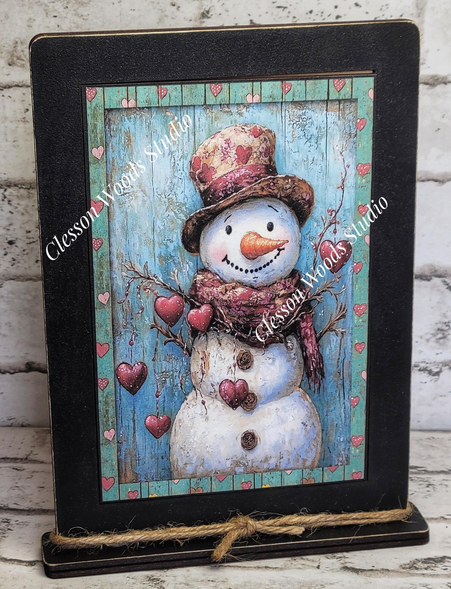 Primitive Valentine Snowman 3 Wood Framed Art with Attached Stand