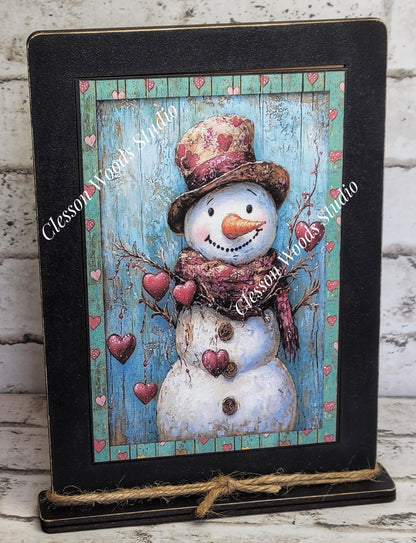 Primitive Valentine Snowman 3 Wood Framed Art with Attached Stand
