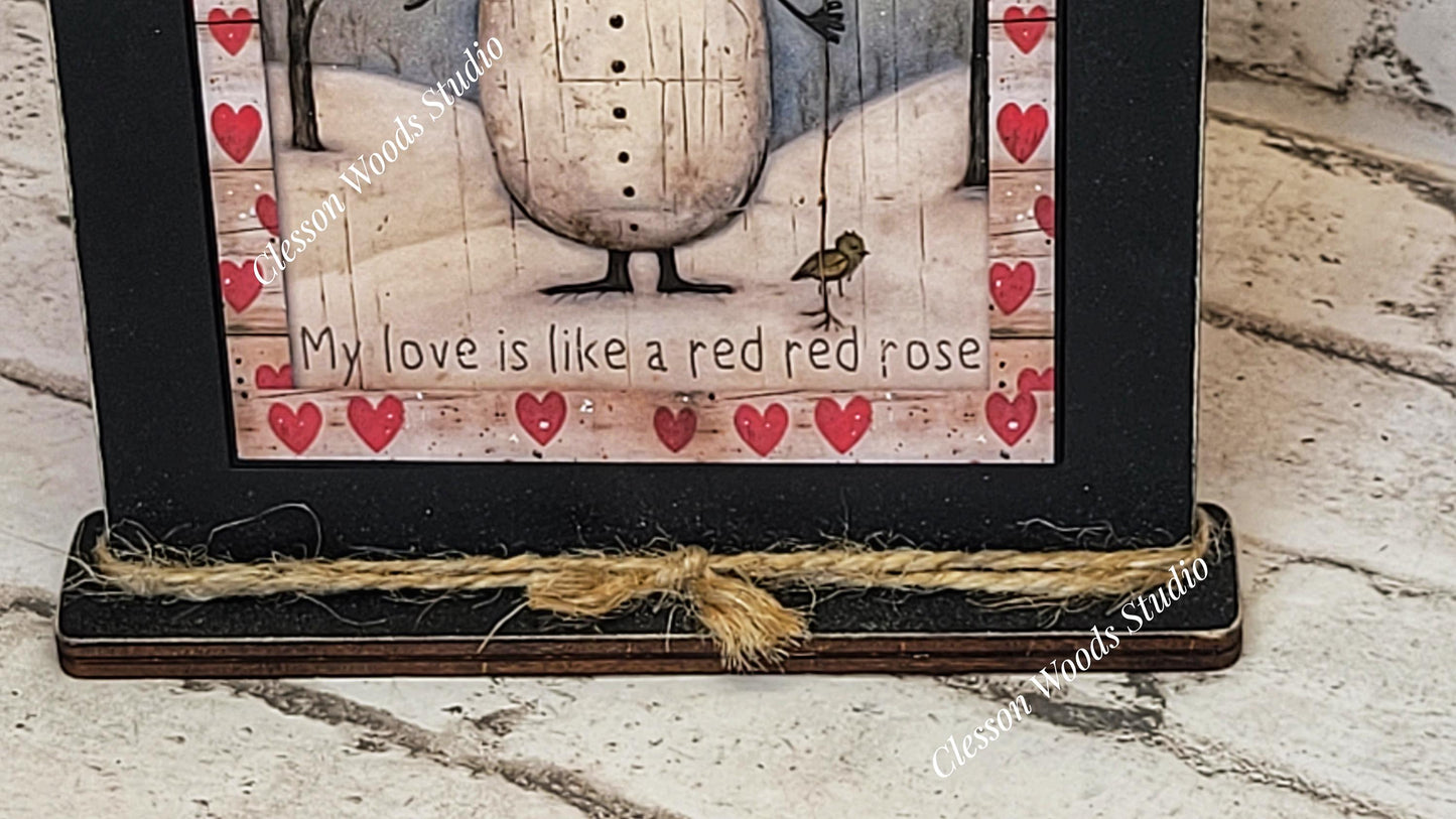 Primitive Valentine Snowman 4 Wood Framed Art with Attached Stand