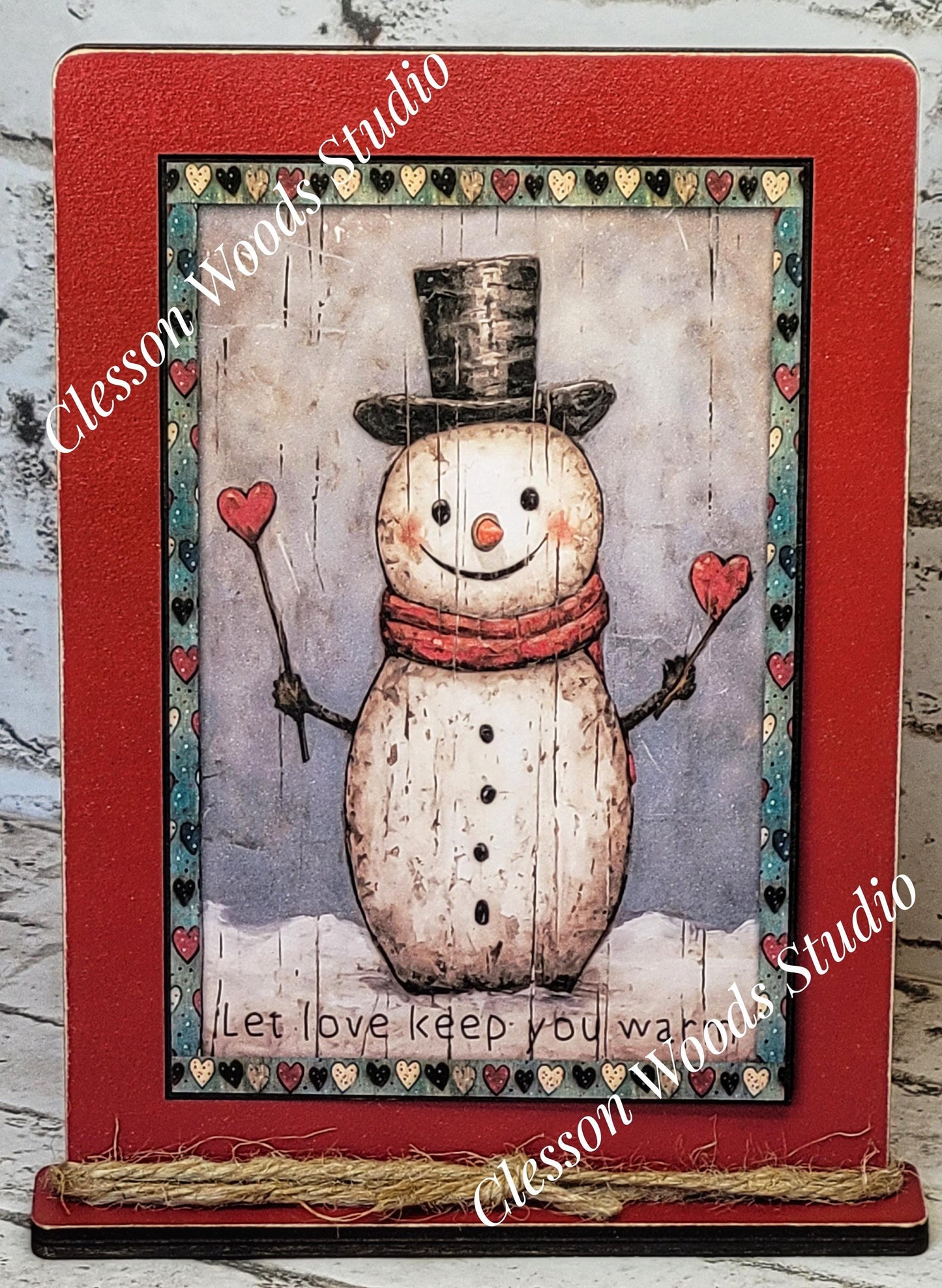 Primitive Valentine Snowman 5 Wood Framed Art with Attached Stand