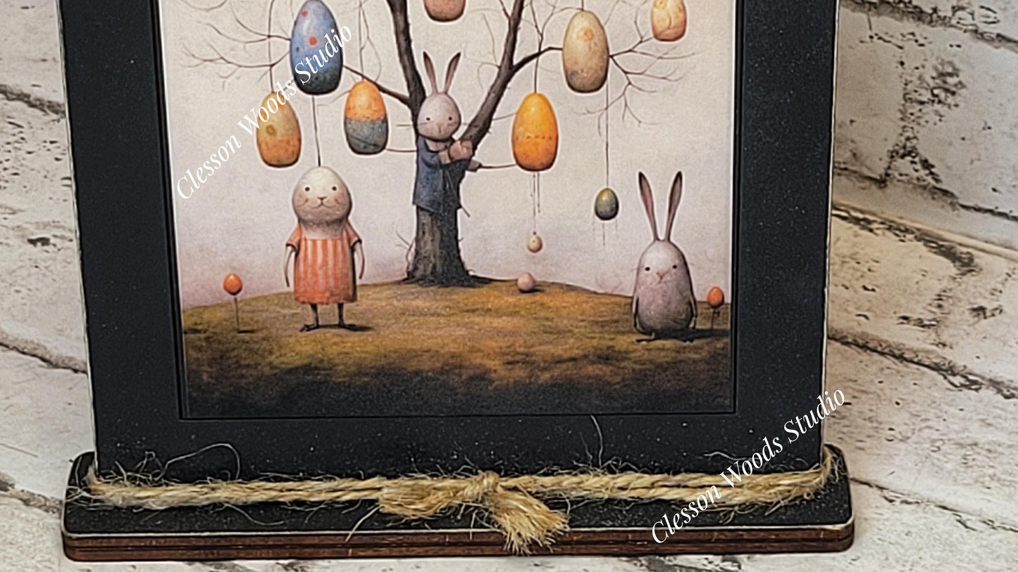 Primitive Easter Tree Framed Art with Attached Stand