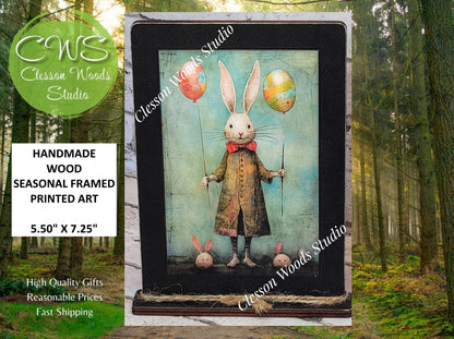 Primitive Easter Rabbit 2 Framed Art with Attached Stand