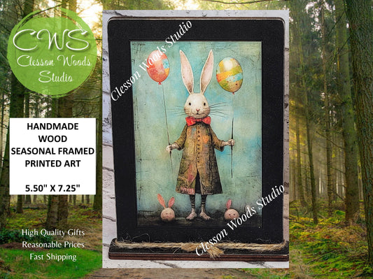Primitive Easter Rabbit 2 Framed Art with Attached Stand