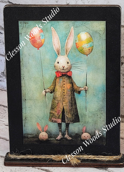 Primitive Easter Rabbit 2 Framed Art with Attached Stand