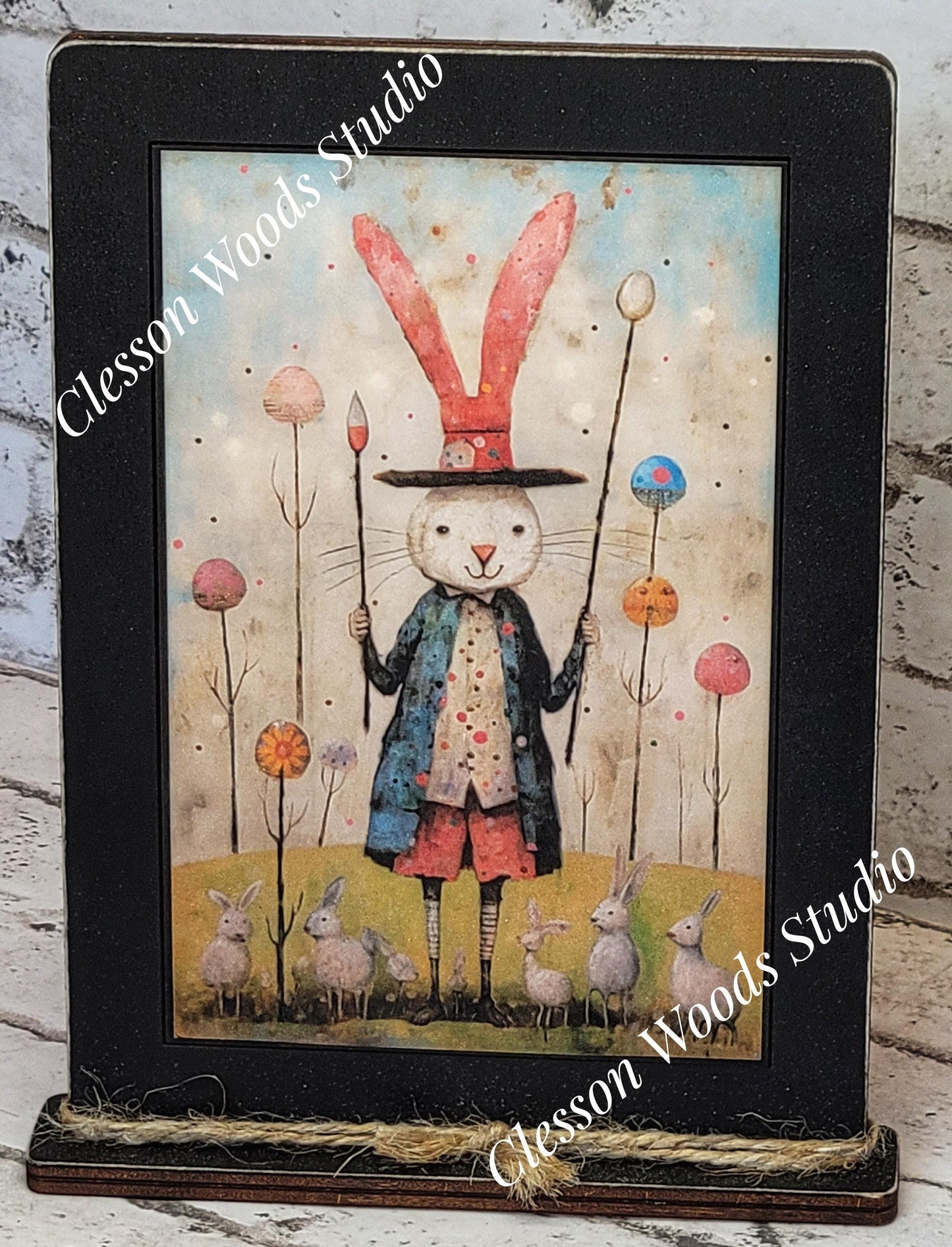 Primitive Easter Rabbit 1 Framed Art with Attached Stand