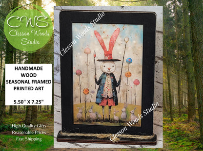 Primitive Easter Rabbit 1 Framed Art with Attached Stand