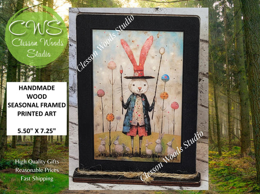 Primitive Easter Rabbit 1 Framed Art with Attached Stand
