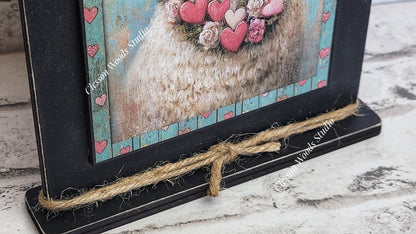 Primitive Valentine Sheep 2 Wood Framed Art with Attached Stand