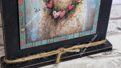 Primitive Valentine Sheep 1 Wood Framed Art with Attached Stand