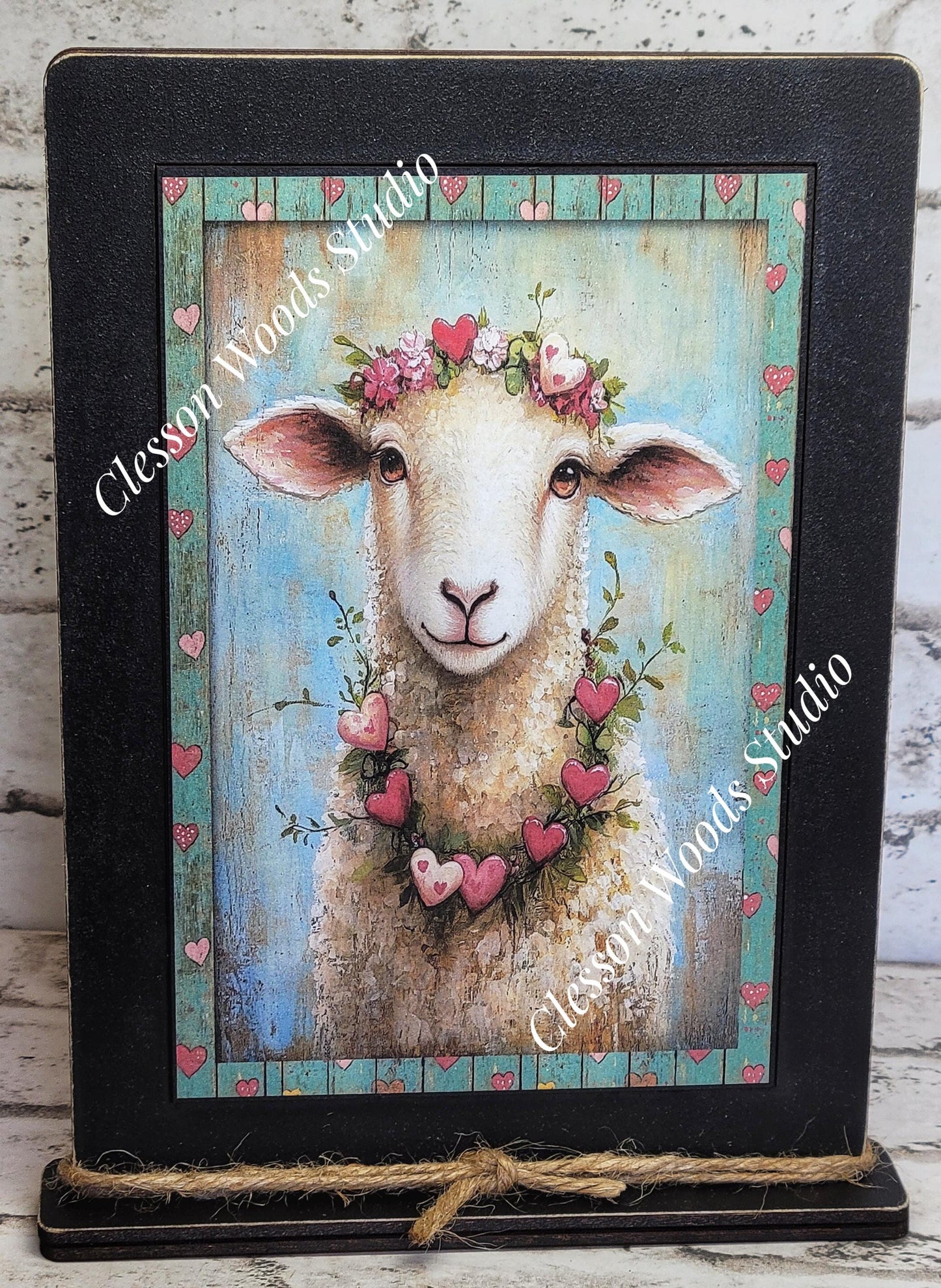 Primitive Valentine Sheep 1 Wood Framed Art with Attached Stand