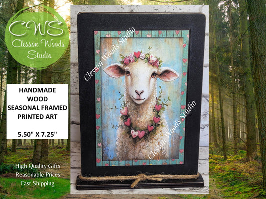Primitive Valentine Sheep 1 Wood Framed Art with Attached Stand
